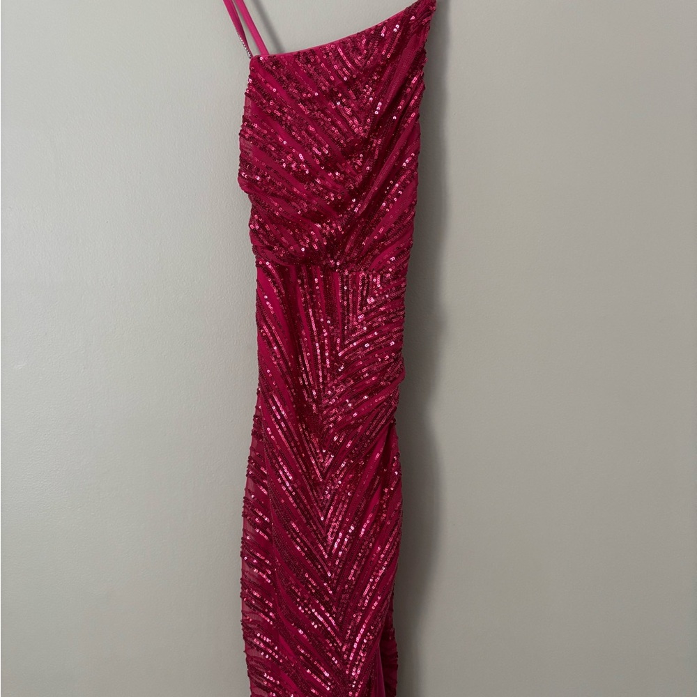 Fashion Nova Pink Sequin Asymmetrical High Slit Cocktail Dress